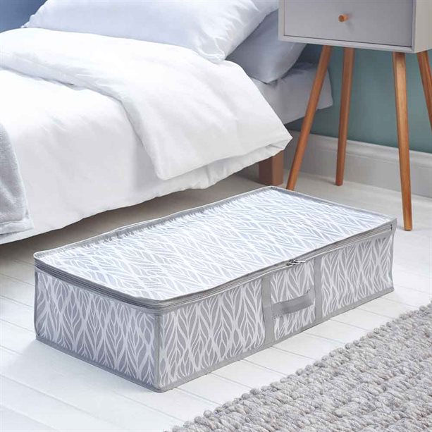 Avon Narrow Under-Bed Storage - Grey Leaf Print